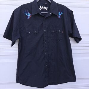 Blue and Black Casual Button Down Shirt with Bird Embroidery